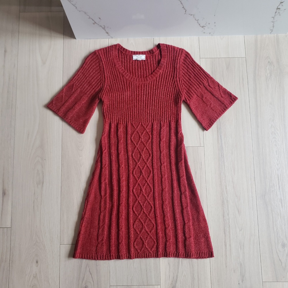 Pink Rose Dress Womens Petite PL Red Cable Knit Ribbed Short Sleeve Sweater Mini